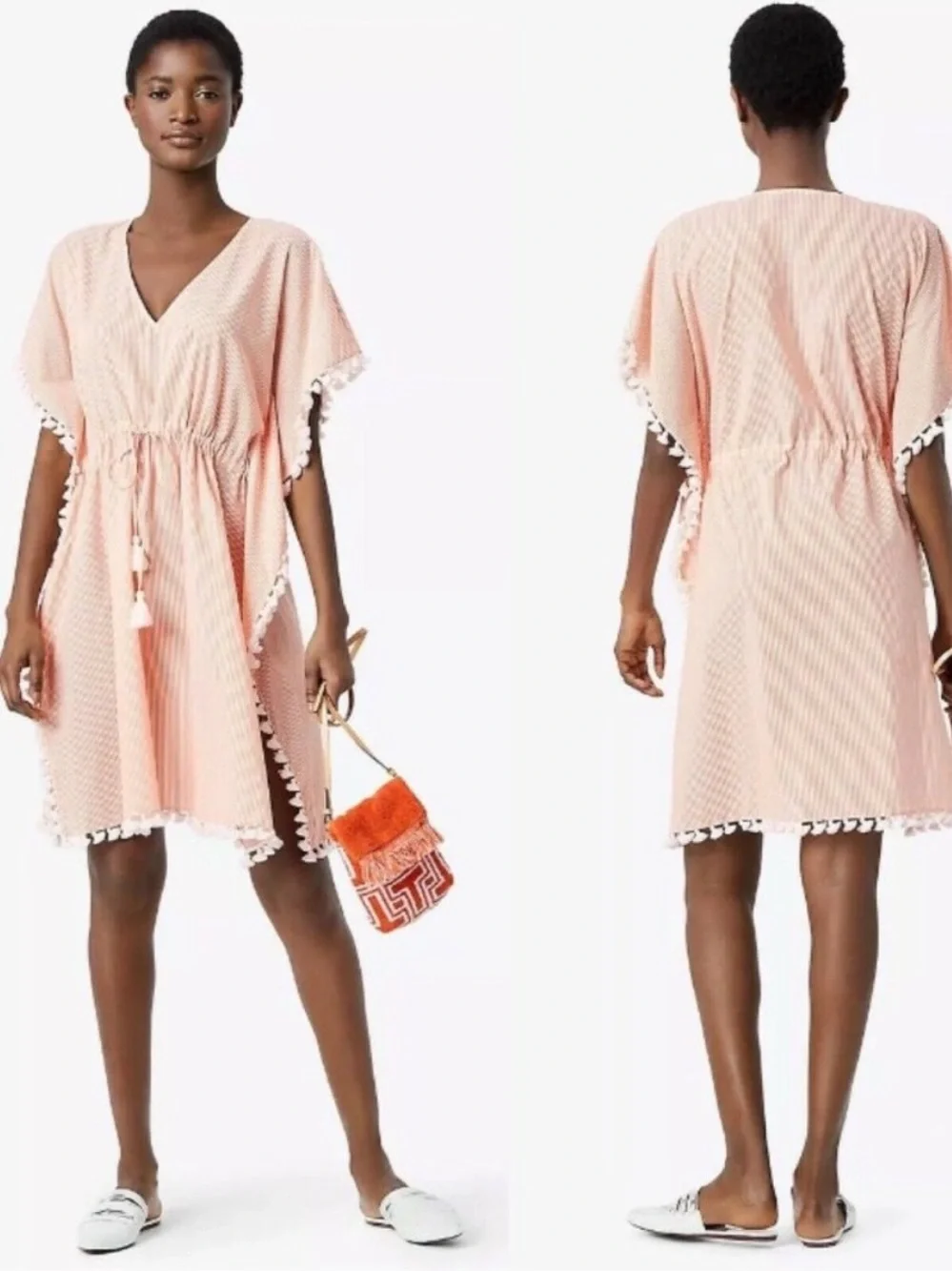 ✅ Tory Burch Dress Ravena Caftan Coverup Mini in Melon Orange Ivory Stripe